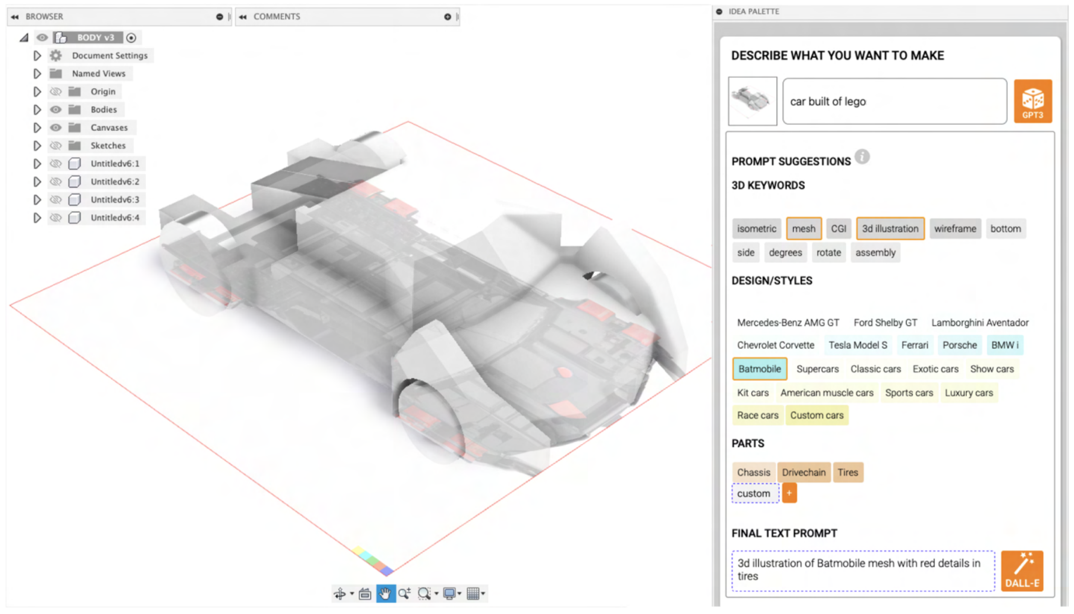 Figure 1: 3DALL-E integrates a state-of-the-art text-to-image AI (DALL-E) into the 3D CAD software Fusion 360. This plugingenerates 2D image inspiration for conceptual CAD and product design workflows