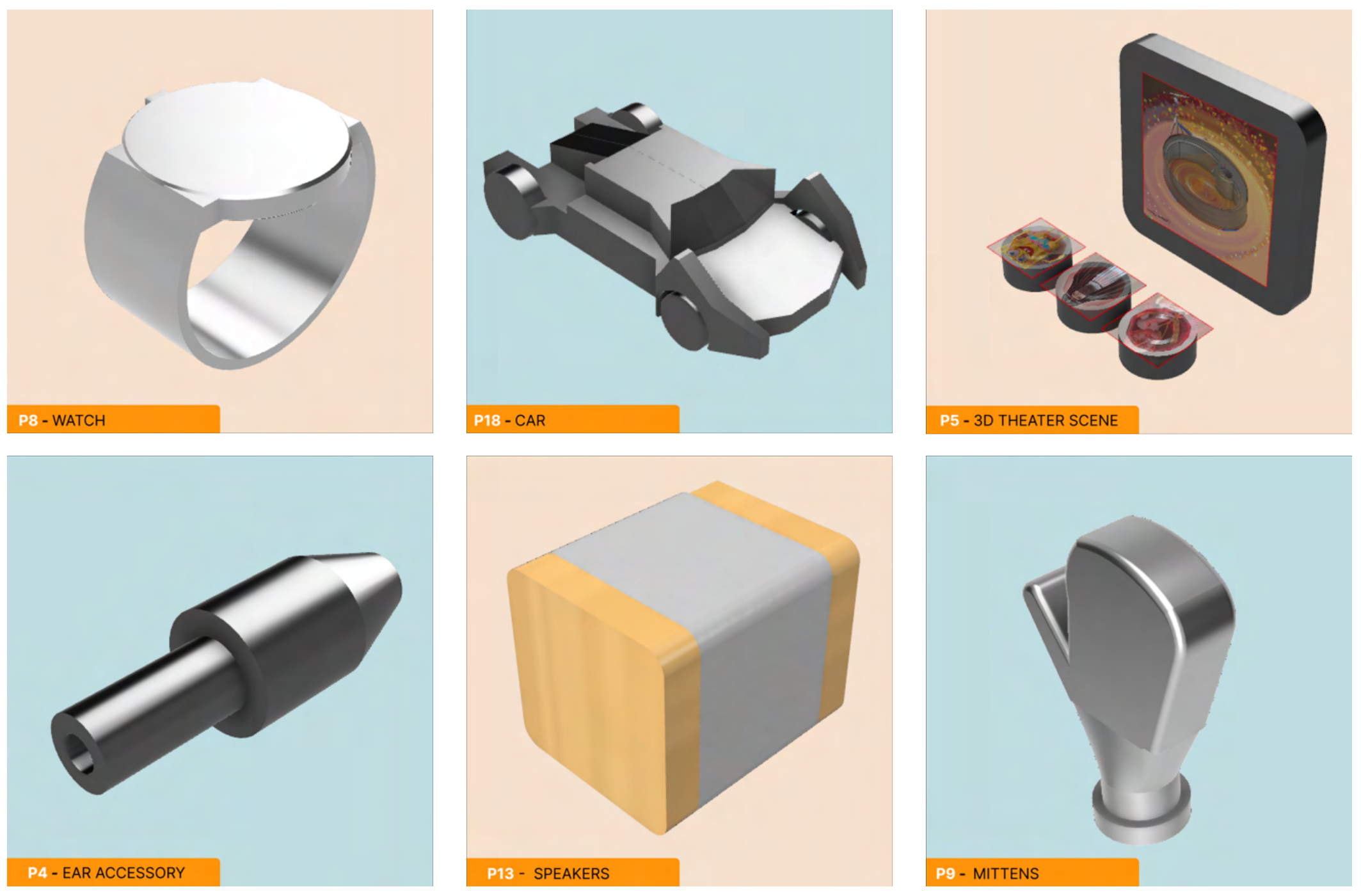 Figure 6: Example of 3D designs participants came up with during 𝑇𝑐𝑟𝑒𝑎𝑡𝑒, which was to create a model from scratch.