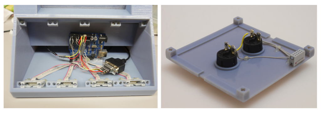 Figure 4: Left) Internal view of chassis, showing connectors and circuitry; Right) Wiring for sample input component. 3.2 Display and Audio Software A custom iOS application runs on the iPad to provid