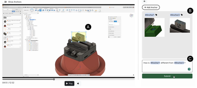 Figure 3: The system used for collecting questions with visual references. (A) Users can draw anchors on parts of the video they want to ask questions about, (B) which will be added to a temporary gallery. (C) Users can refer to each anchor in their questions.