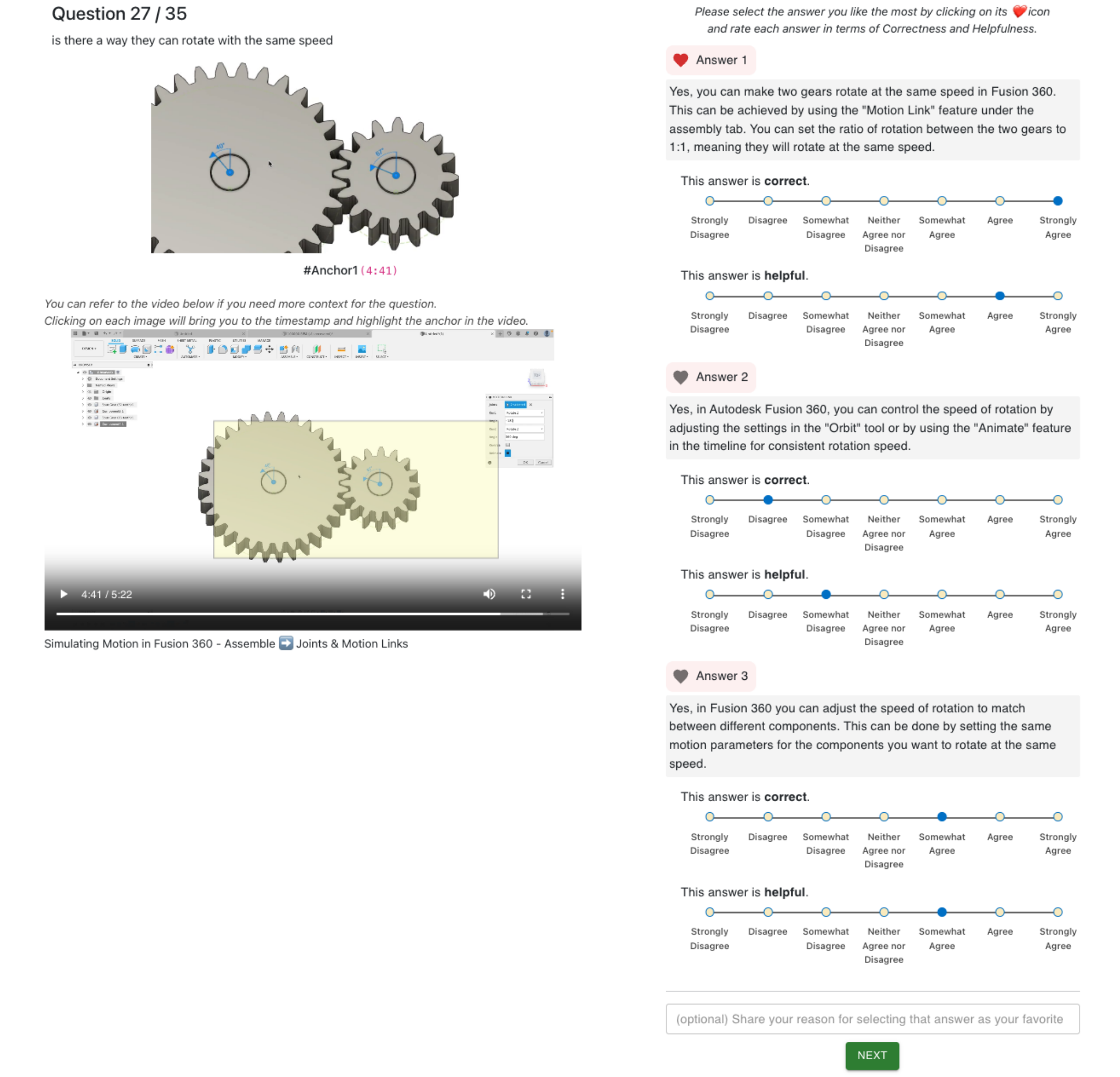 Figure 5: The system used in our pipeline evaluation study. The participant can see the question, the video that the questionwas asked about at the right timestamp and with the visual anchor highlight