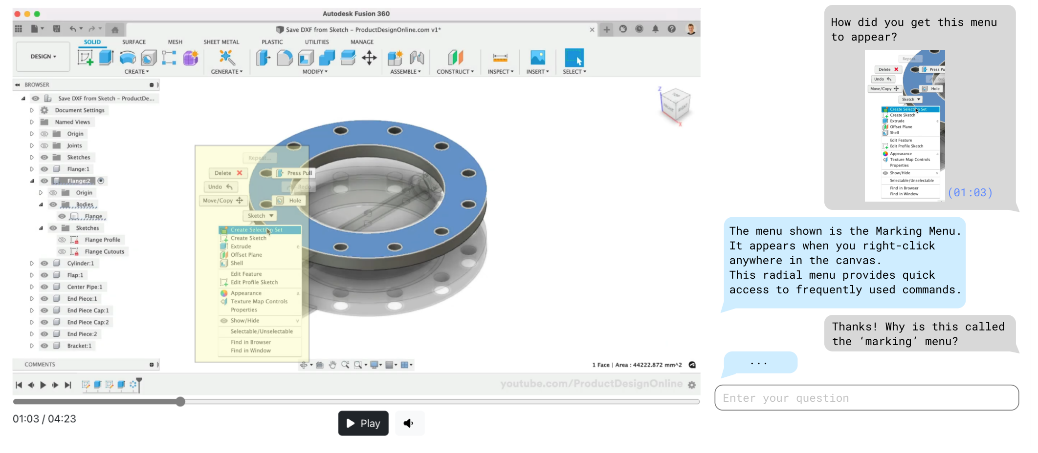 Figure 8: We envision that our pipeline could be leveraged in the future to develop a tutorial video system that supports conversational, chat-like question and answering. Learners could ask questions by referring to specific parts of the video. The system would then generate responses to these questions, while also allowing users to easily ask follow-up questions.