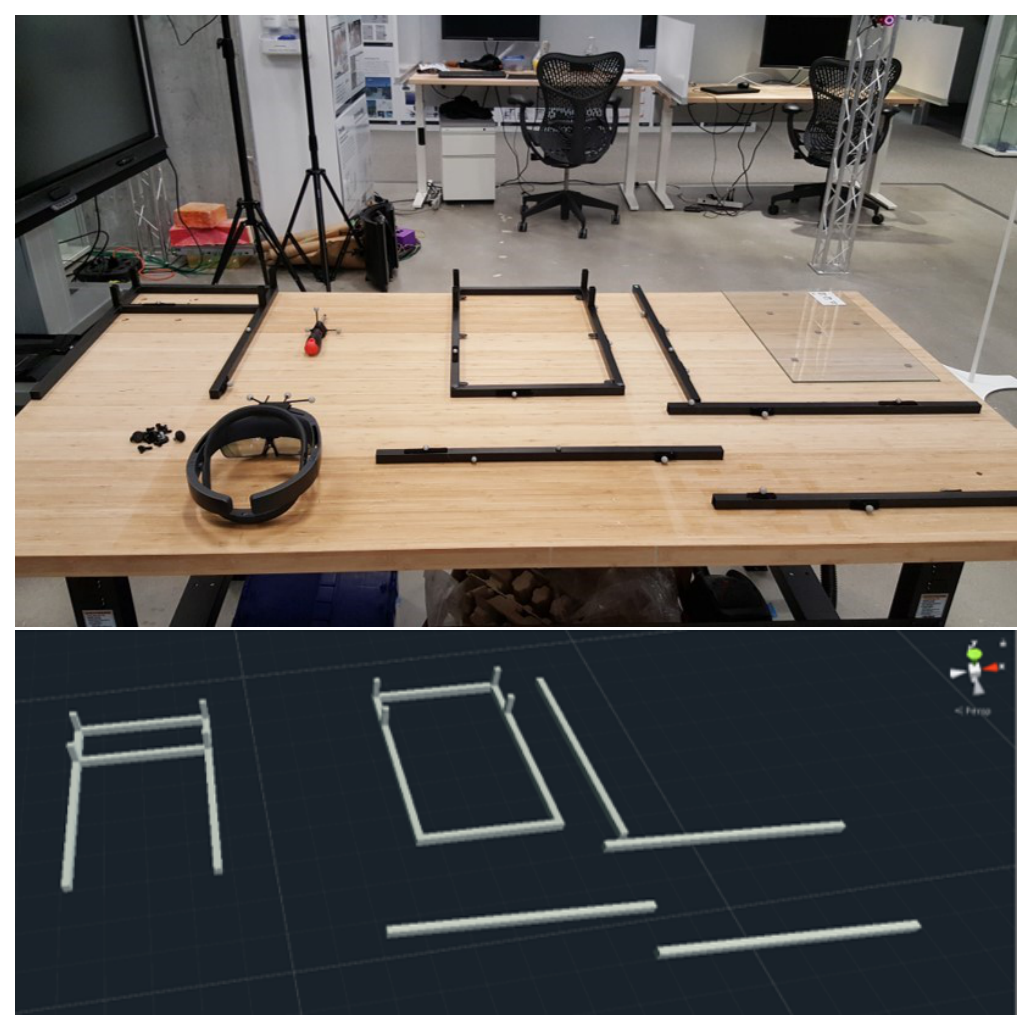 Figure 4: Example conﬁguration of tracked materials in the physicalenvironment (top) and transform data streaming from Optitrack tothe Message Passing Server to provide positional tracking of invisi-b