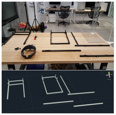 Figure 4: Example conﬁguration of tracked materials in the physicalenvironment (top) and transform data streaming from Optitrack tothe Message Passing Server to provide positional tracking of invisi-b