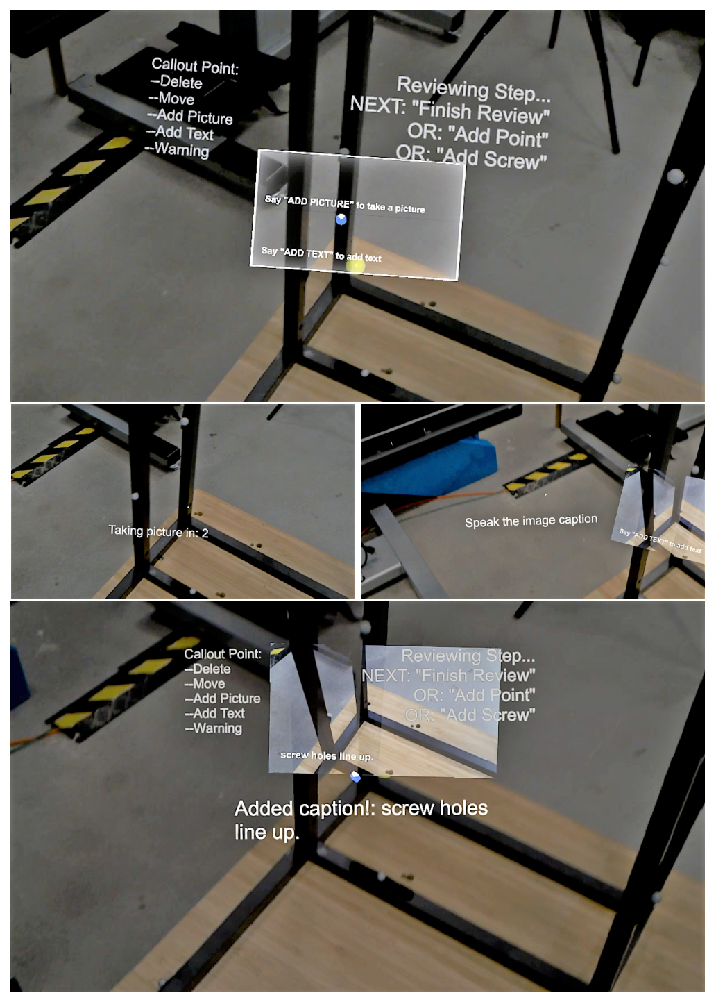 Figure 7: After adding a callout point, that point has a canvas to ﬁllin (top). The author can add a picture (left), and a caption (right)and then has a completed callout point (bottom).