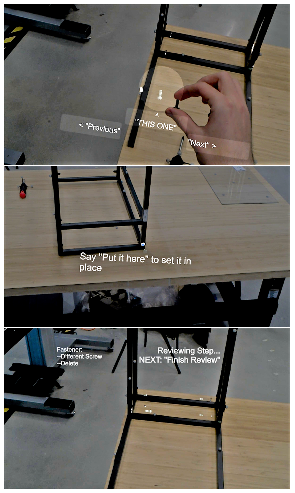 Figure 9: User adding virtual screws to the tutorial. The user canhold the physical screw up to the virtual one for comparison (top),and if the screw hole was not automatically generated, the user can