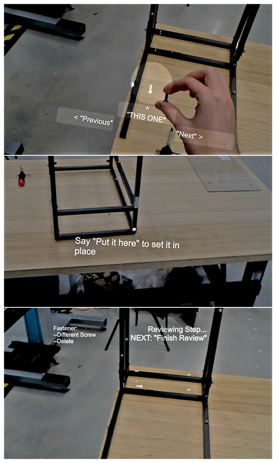 Figure 9: User adding virtual screws to the tutorial. The user canhold the physical screw up to the virtual one for comparison (top),and if the screw hole was not automatically generated, the user can