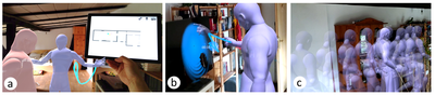 Figure 1: An overview of some of the aspects of AvatAR: (a) The virtual avatars of two persons, one with an active 3D trajectory for the left hand, and the tablet with the foor plan visible, which sho