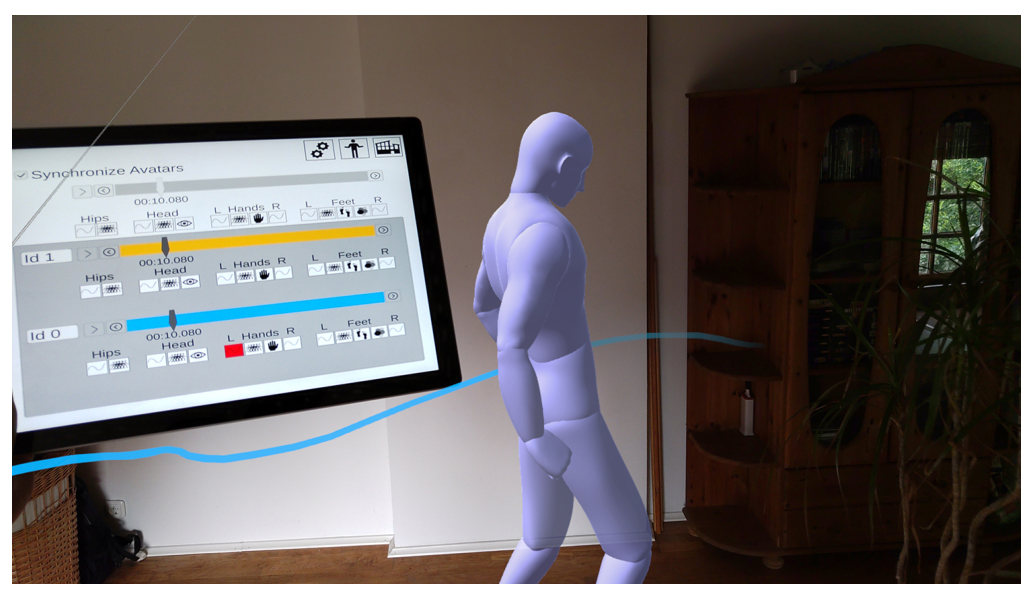 Figure 2: The core components of AvatAR: The virtual hu-manoid avatar visualizing a person’s detailed posture, a 3D trajectory providing an overview of movement, and the ac-companying handheld tablet