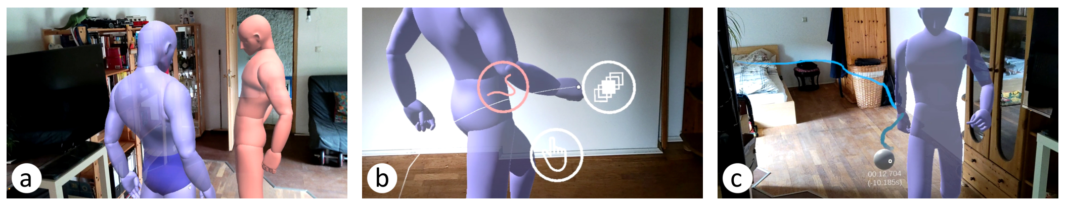 Figure 4: (a) One virtual 3D avatar interacting with the environment with another one walking in the background. (b) Marking menu for the avatar’s hand with the item for trajectories being selected. (
