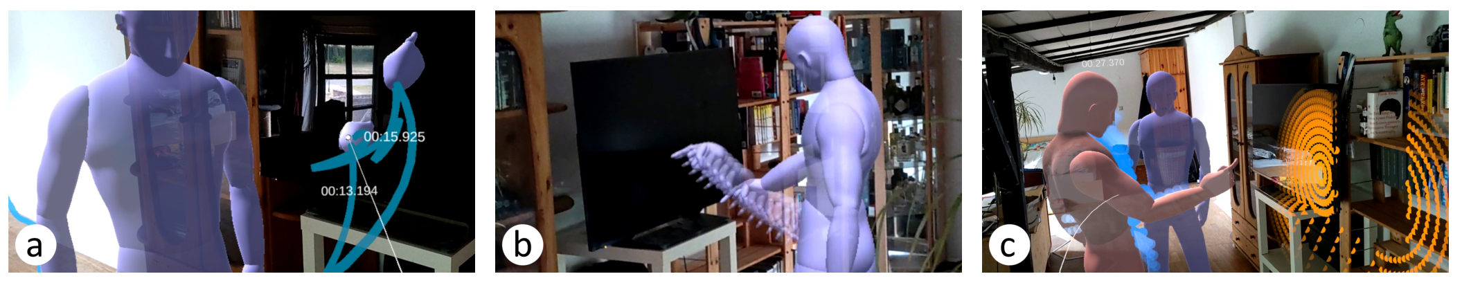Figure 5: (a) Ghost Preview technique with two pinned hand ghosts touching the display. (b) Specter Visualizations technique of just the avatar’s hands, showing past and future time frames as semi-tra