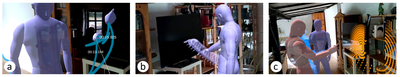 Figure 5: (a) Ghost Preview technique with two pinned hand ghosts touching the display. (b) Specter Visualizations technique of just the avatar’s hands, showing past and future time frames as semi-tra