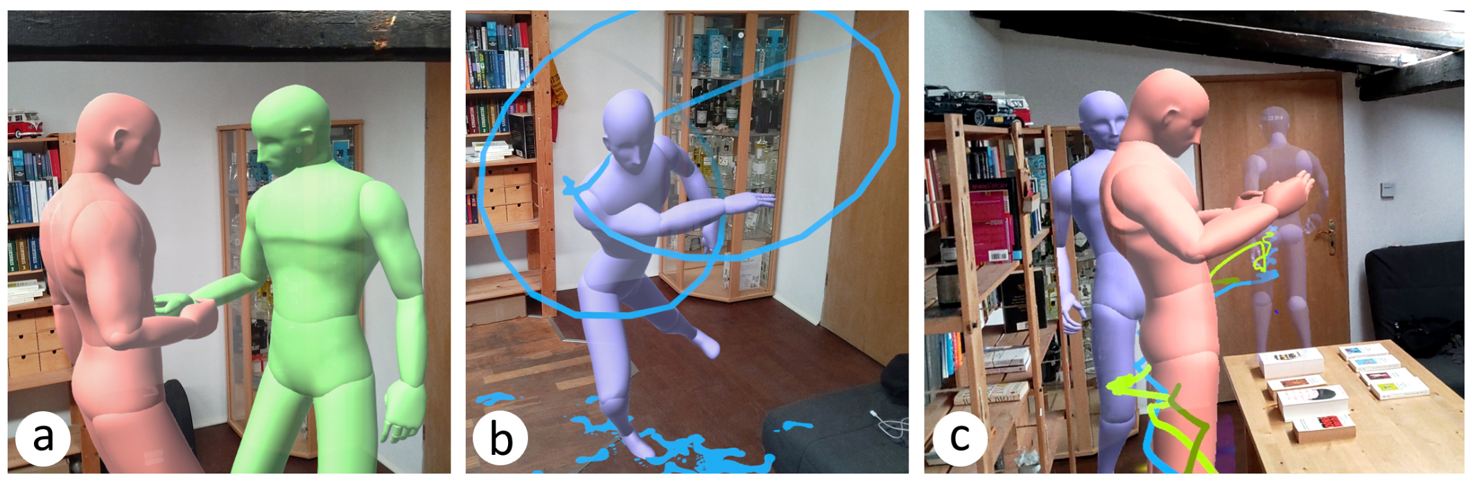Figure 7: (a) The hands of avatars connecting as people shake hands to greet each other. (b) A person performing a dance choreography with their hand movements visible as a trajectory and the position