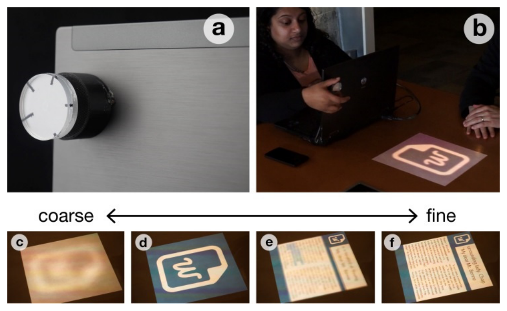 Figure 11. Semantic Focus. a, b) A physical knob controls the clarity of the projected image. c-f) The image gradually transitions from a blurred icon to a clear graphical display.