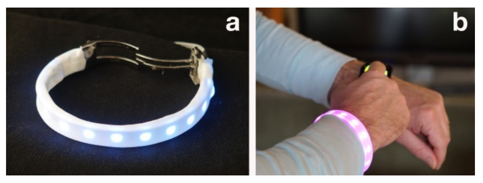Figure 12. The Status Band apparatus (a) communicates device activity while the hand interacts with a device (b).
