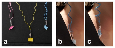 Figure 14. Iconic Jewellery reveals activity in an associated app (a) via motion. When the associated app is used, the jewellery moves from a relaxed (b) to contracted (c) state.