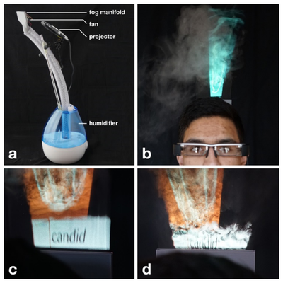 Figure 16. (a, b) The Fog Hat  projects a graphical display above the device user’s head. (c, d) The content of the display can be further obfuscated by turbulence from a fan.