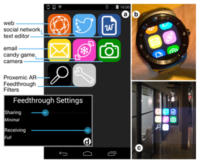 Figure 7. Our homogeneous platform has a similar look and feel on the (a) smartphone, (b) smart watch, and (c) smart glasses. (d) Feedthrough sliders control the extent of information sent and receive