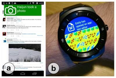 Figure 9. Grounding Notifications show a user’s device activity on a (a) smartphone, (b) smartwatch, or smart glasses.