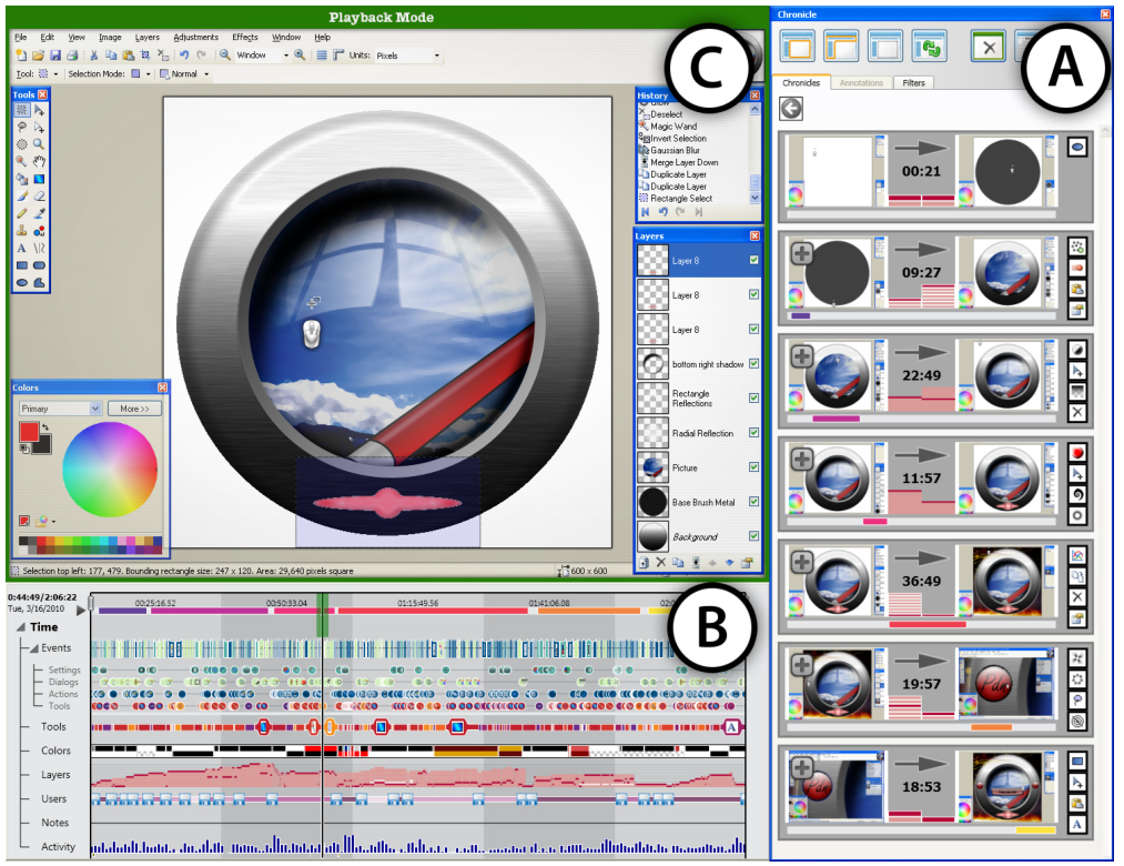 Figure 1. Chronicle. a) main Chronicle window, b) the timeline, c) application/Playback window.