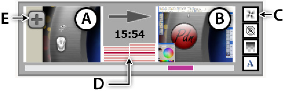 Figure 2. A chronicle. a) before and b) after thumbnails. c) Icons represent the tools used in the revisions. d) layer information. e) hierarchy button.