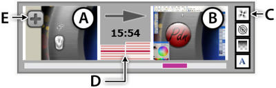 Figure 2. A chronicle. a) before and b) after thumbnails. c) Icons represent the tools used in the revisions. d) layer information. e) hierarchy button.