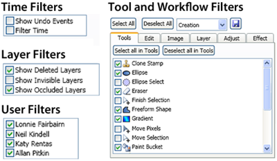 Figure 6. The filter tab provides UI controls to filter by time, layers, users, tools, and workflows.