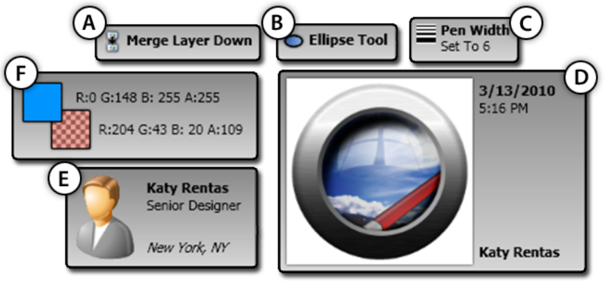 Figure 8. Sample tooltips for: a) action marker, b) tool marker, c) setting marker, d) save point, e) user marker, f) color marker.
