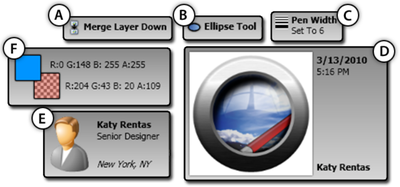 Figure 8. Sample tooltips for: a) action marker, b) tool marker, c) setting marker, d) save point, e) user marker, f) color marker.