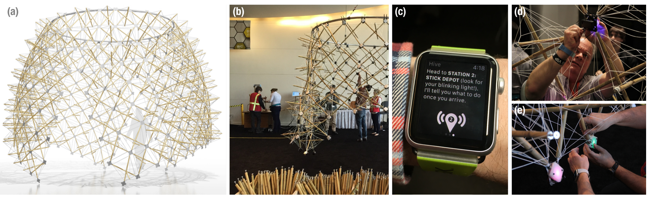 Figure 1. We explore crowdsourced fabrication through the collaborative construction of a 12-foot tall bamboo pavilion (a). The pavilion was built with the assistance of more than one hundred untraine