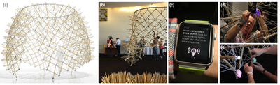 Figure 1. We explore crowdsourced fabrication through the collaborative construction of a 12-foot tall bamboo pavilion (a). The pavilion was built with the assistance of more than one hundred untraine