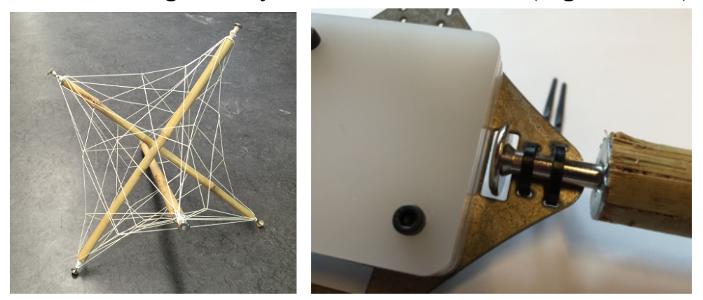 Figure 2. An individual tensegrity module (left), and a connector node (right).