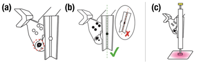 Figure 9. Instruction provided for loading the bamboo sticks. The user loosened a bolt (a) and then adjusted the angle of a clamp (b). (c) An LED on the loading platform indicates which stick to inser