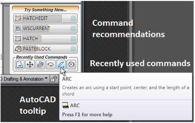 Figure 4. Recommended and recently used commands. Tooltip appears when mouse is hovered over the command.