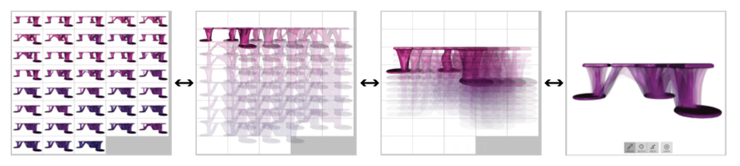 Figure 14. The standard 3D grid view (left), animating to the stacked view (right).