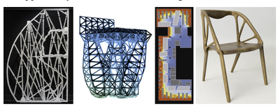 Figure 2. A selection of objects using a divergent generative design approach. From left to right: airplane partition, truss-based chair, office layout, and the Elbo chair.