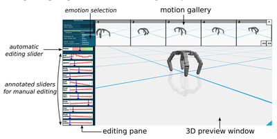 Figure 3: User interface overview. The 3D preview window renders the robot's motion.  The gallery and annotated sliders provide semantically relevant information at design time.
