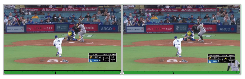 Figure 6: Shadow markers to compare different pitches fromthe same pitcher. A marker (yellow circle) placed in the leftvideo is replicated in the right video.