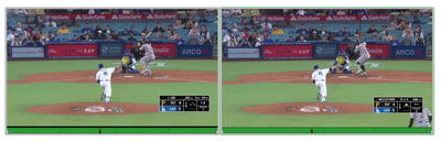 Figure 6: Shadow markers to compare different pitches fromthe same pitcher. A marker (yellow circle) placed in the leftvideo is replicated in the right video.
