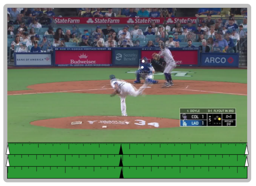 Figure 7: Superposition video of two pitches from the samepitcher. (Ball brightness has been increased for visibility).