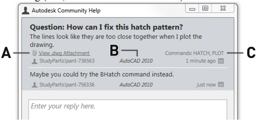 Figure 7. The view/reply window showing the textual post content as well as a link to open the source file (A), the version of the program the post originated from (B) and the relevant commands (C).