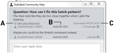 Figure 7. The view/reply window showing the textual post content as well as a link to open the source file (A), the version of the program the post originated from (B) and the relevant commands (C).