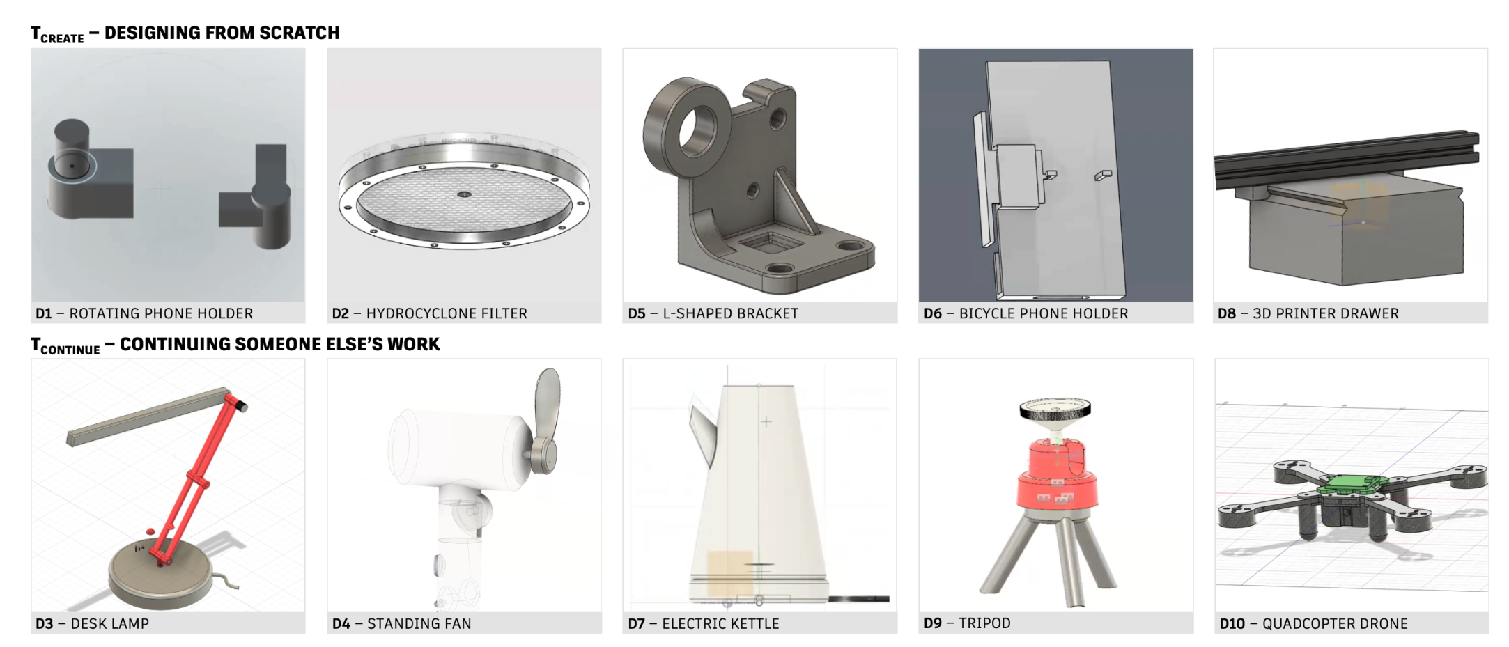 Figure 2: CAD models that designers worked on in the Tereate task (top) and Teontinue task (bottom).