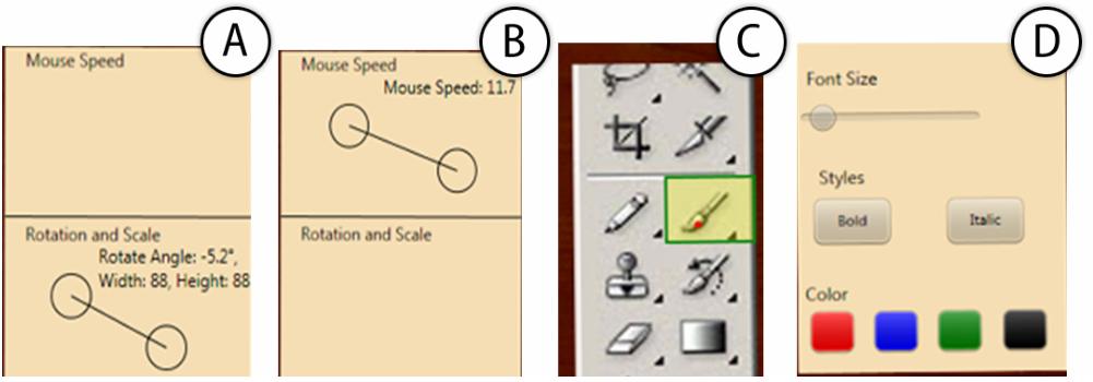 Figure 11. The content on Multi-functional touch pad for (a) rotating and scaling an object, (b) con-trolling mouse speed, (c) a secondary cursor for se-lecting drawing tool, and (d) a customized tool