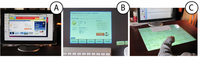 Figure 13. (a) A weather forecast window in full-version on the screen. (b) The abstract version of the same window on the table. (c) After a keyboard and mouse were pushed away, a map application aut