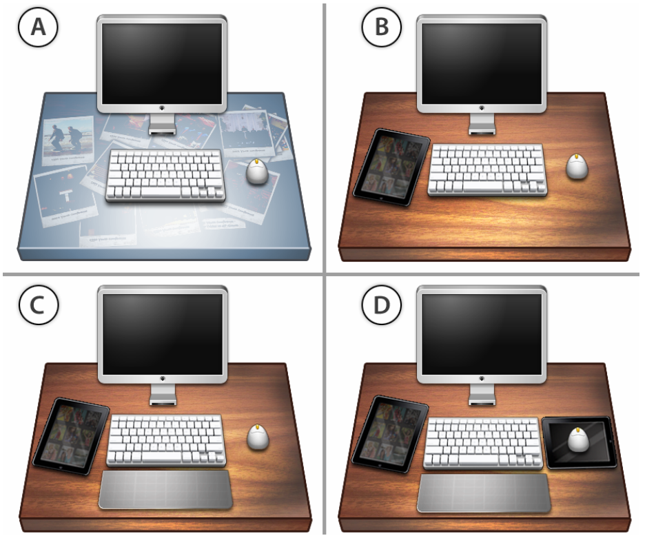 Figure 14. Potential configurations for multi-touch desktop computing. a) The entire table is a multi-touch display surface. b) A multi-touch tablet is placed next to the keyboard to be used as an add