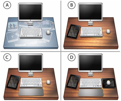 Figure 14. Potential configurations for multi-touch desktop computing. a) The entire table is a multi-touch display surface. b) A multi-touch tablet is placed next to the keyboard to be used as an add