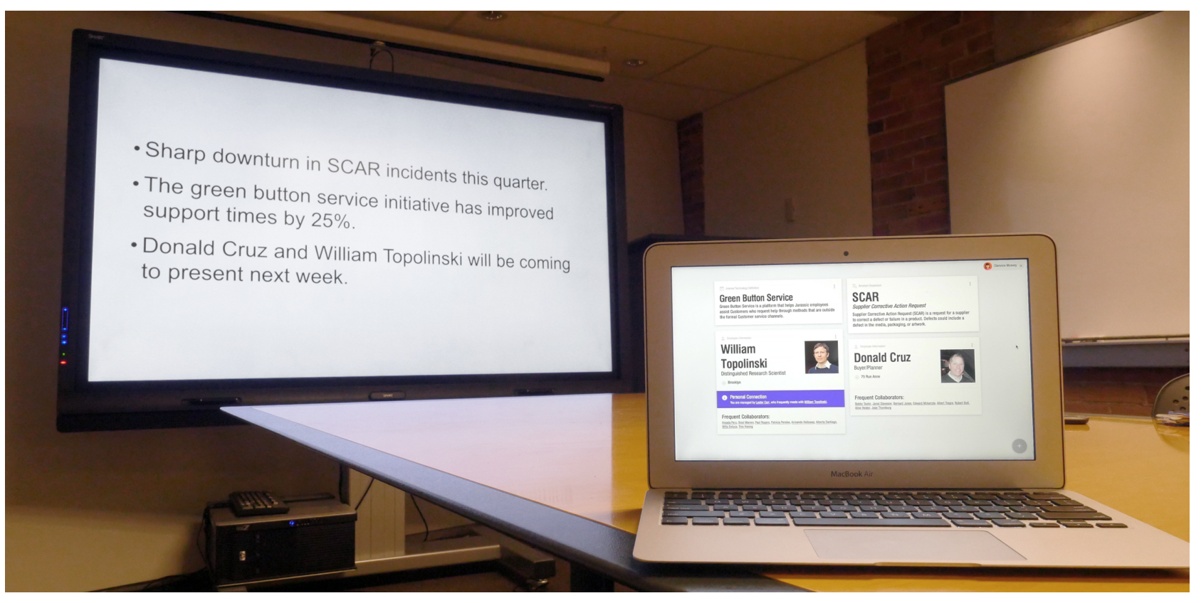 e MeetingMate system. The content being presented is captured and interpreted, then relevant corporate knowledge on the devices of meeting attendees.