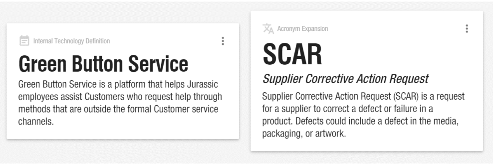 Figure 3. Sample internal technology definition (left) and acronym expansion (right) cards.