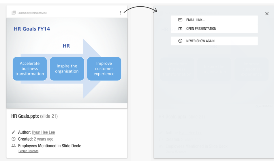 Figure 6. Sample contextually similar slide card (left), and the associated context menu (right).